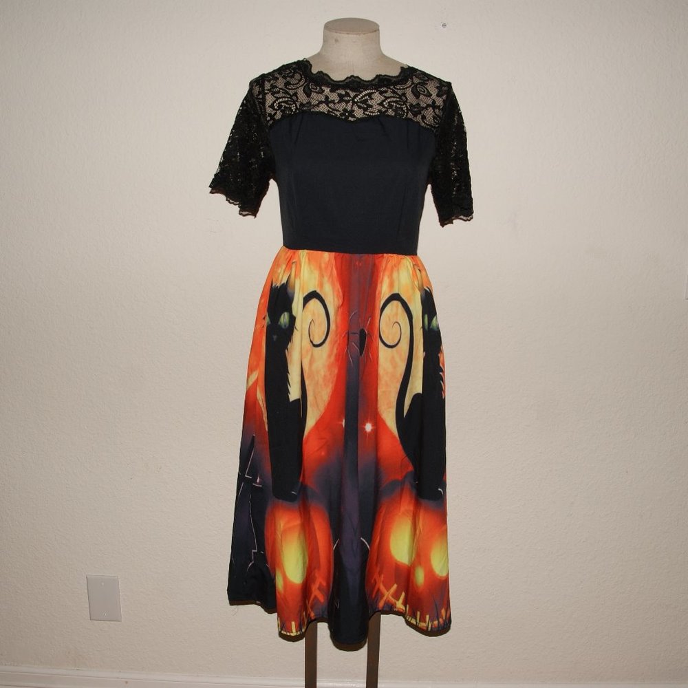 HALLOWEEN Lace Panel Cat+Pumpkin Flared Dress sz 4 - Picture 5 of 8